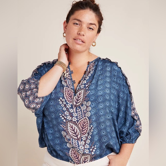 Anthropologie Maeve Letizia Ruffled Blouse Blue Purple Boho Top - Picture 1 of 9
